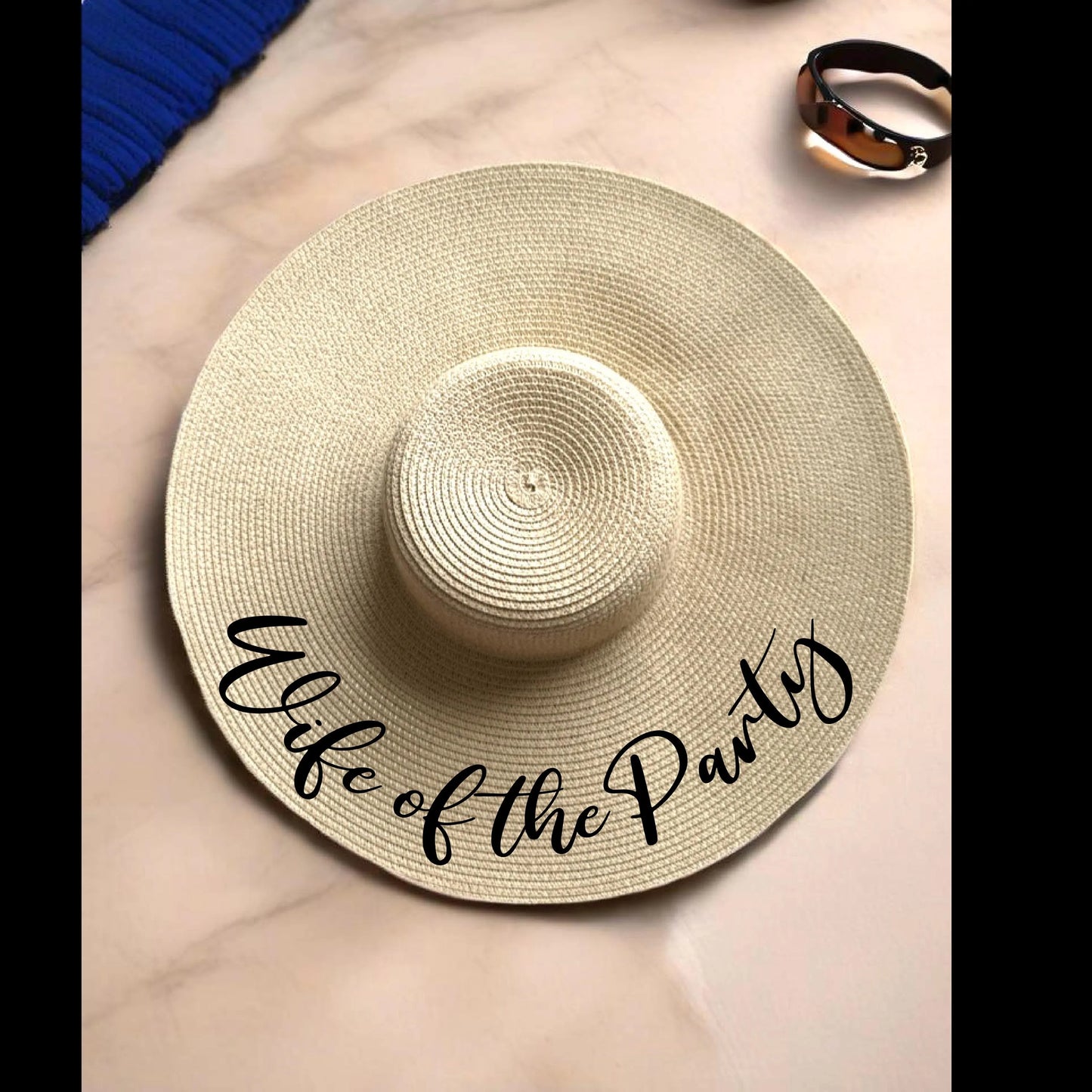 Wife of the Party, Floppy Straw Sun Hat, Black Glitter Lettering, Bachelorette Gift, Bridal Shower, Bride To Be, Honeymoon, Gift For Bride
