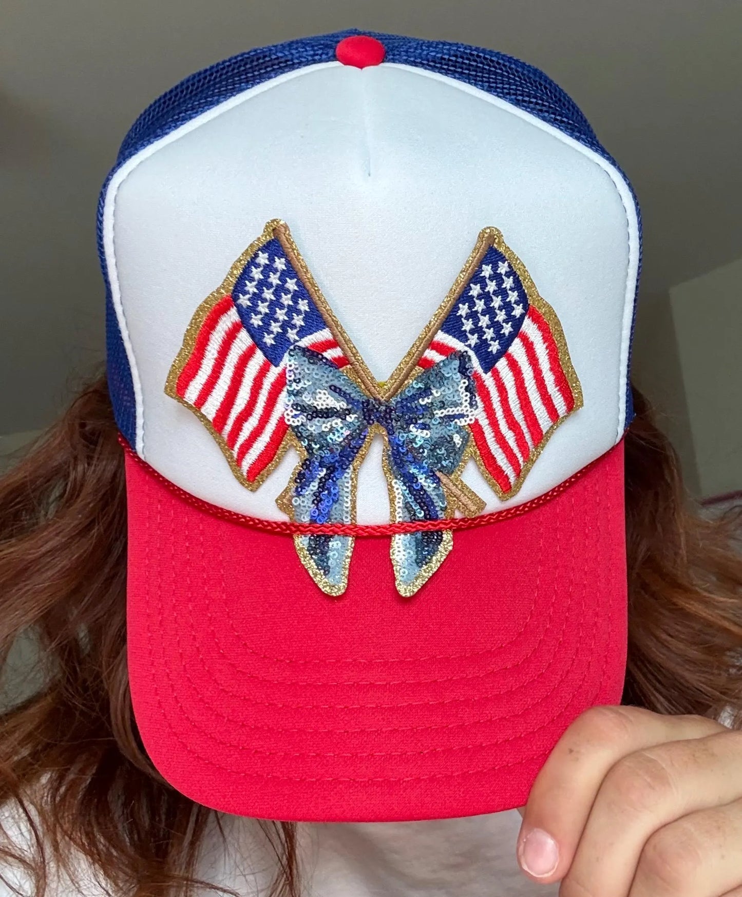 Patriotic Sequin American Flag Coquette Bow Trucker Hat – Red White Blue Mesh Cap for 4th of July, Memorial Day, USA Party, Hats for Women