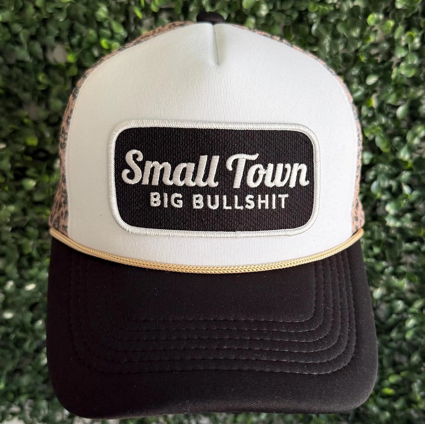 Small Town Big Bullshit, Leopard Snapback Trucker Hat , Honky Tonk Hat, Nashville Hat for Men or Women, Country Concert Hat, Day Drinking,