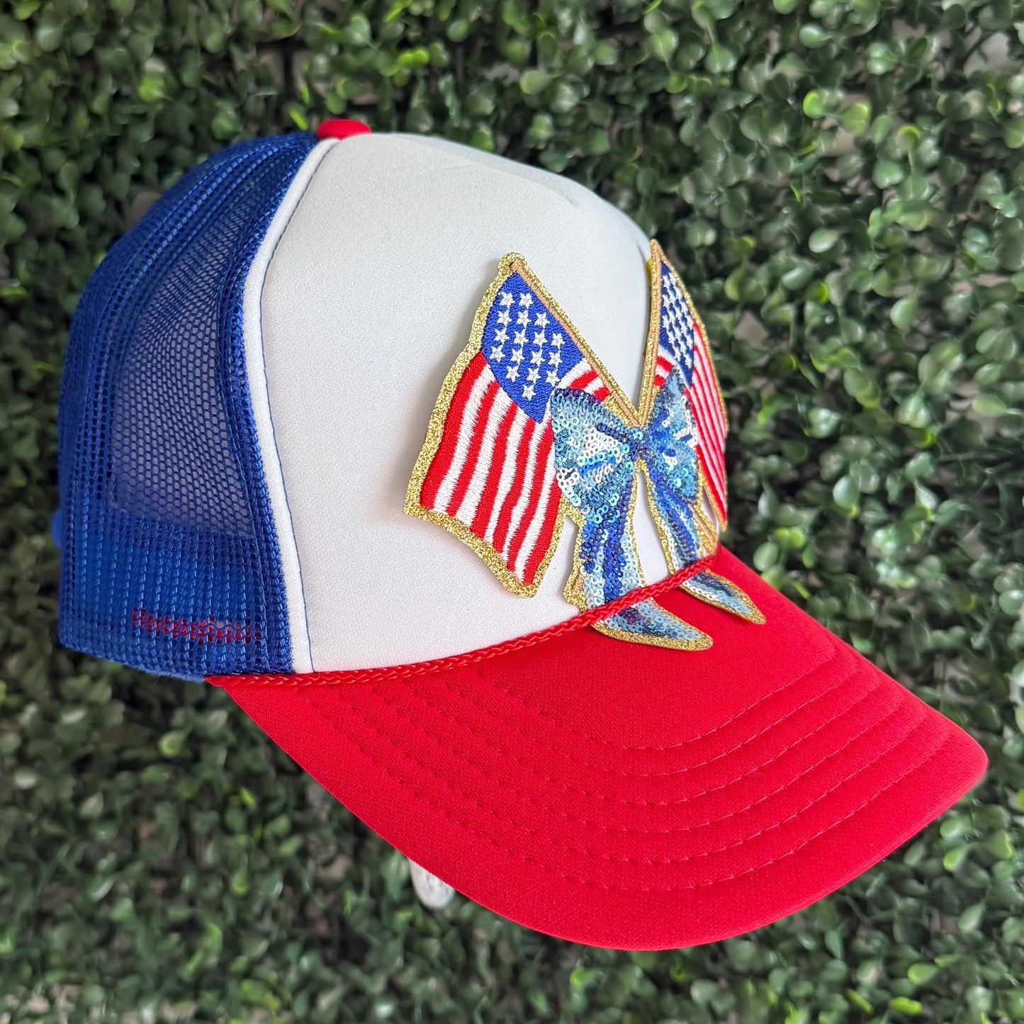 Patriotic Sequin American Flag Coquette Bow Trucker Hat – Red White Blue Mesh Cap for 4th of July, Memorial Day, USA Party, Hats for Women