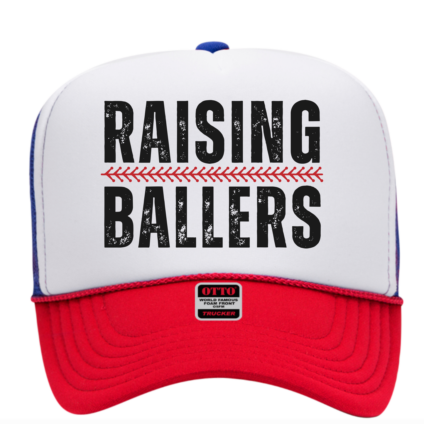 Raising Ballers Trucker Hat – Baseball Mom Hat, Red White Blue Mesh Cap, Softball Mom Gift, Sports Mom Style, Patriotic Trucker Hat