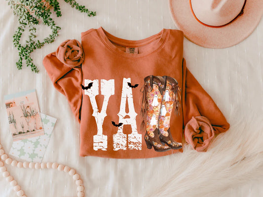 Comfort Colors Y’all Halloween Cowgirl Sweatshirt | Western Ghost Boots Fall Pullover | Cozy Vintage Graphic Crewneck