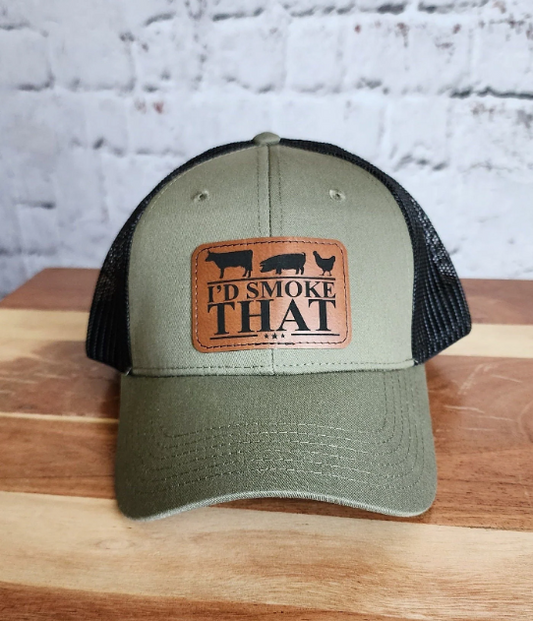 Dad Stamp Hat, Leather Patch, Richardson Trucker Style Hat, I'd Smoke That, Men's Snap Back Hat, Army Green, Father's Day, BBQ Grill Master Dad Apparel