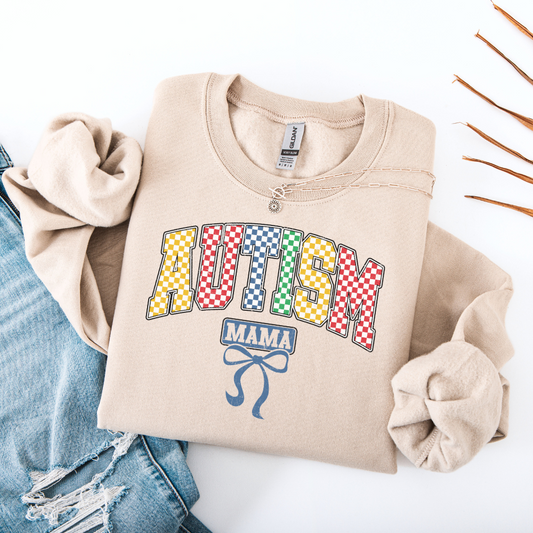 Autism Mama Sweatshirt – Gildan 18000 | Colorful Puzzle-Inspired Checkered Letters | Autism Awareness Gift for Moms