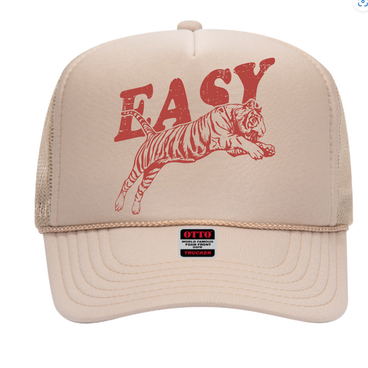 Easy Tiger Trucker Hat – Retro Mesh Hat, Vintage Graphic Cap, 70s Style Beige Hat, Bold Typography Hat, Cool Aesthetic Gift for Him or Her