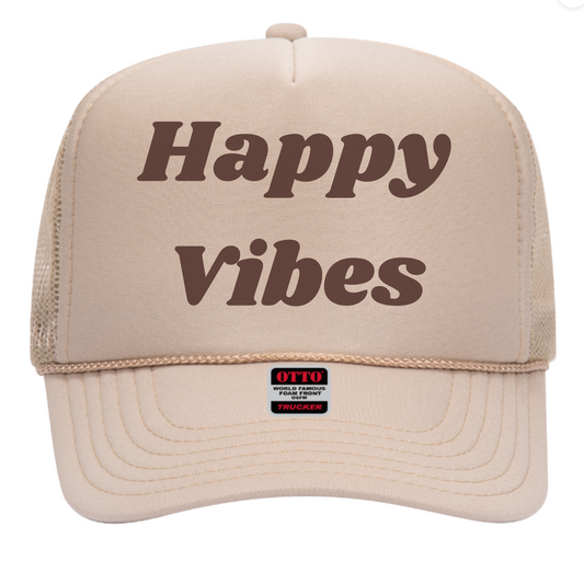 Cute Tan Foam Snapback Trucker Hat, Brown Writing Happy Vibes, Honky Tonk Hat, Nashville Hat for Women, Country Concert Hat, Day Drinking