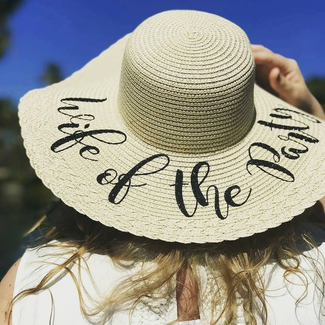 Wife of the Party, Floppy Straw Sun Hat, Black Glitter Lettering, Bachelorette Gift, Bridal Shower, Bride To Be, Honeymoon, Gift For Bride