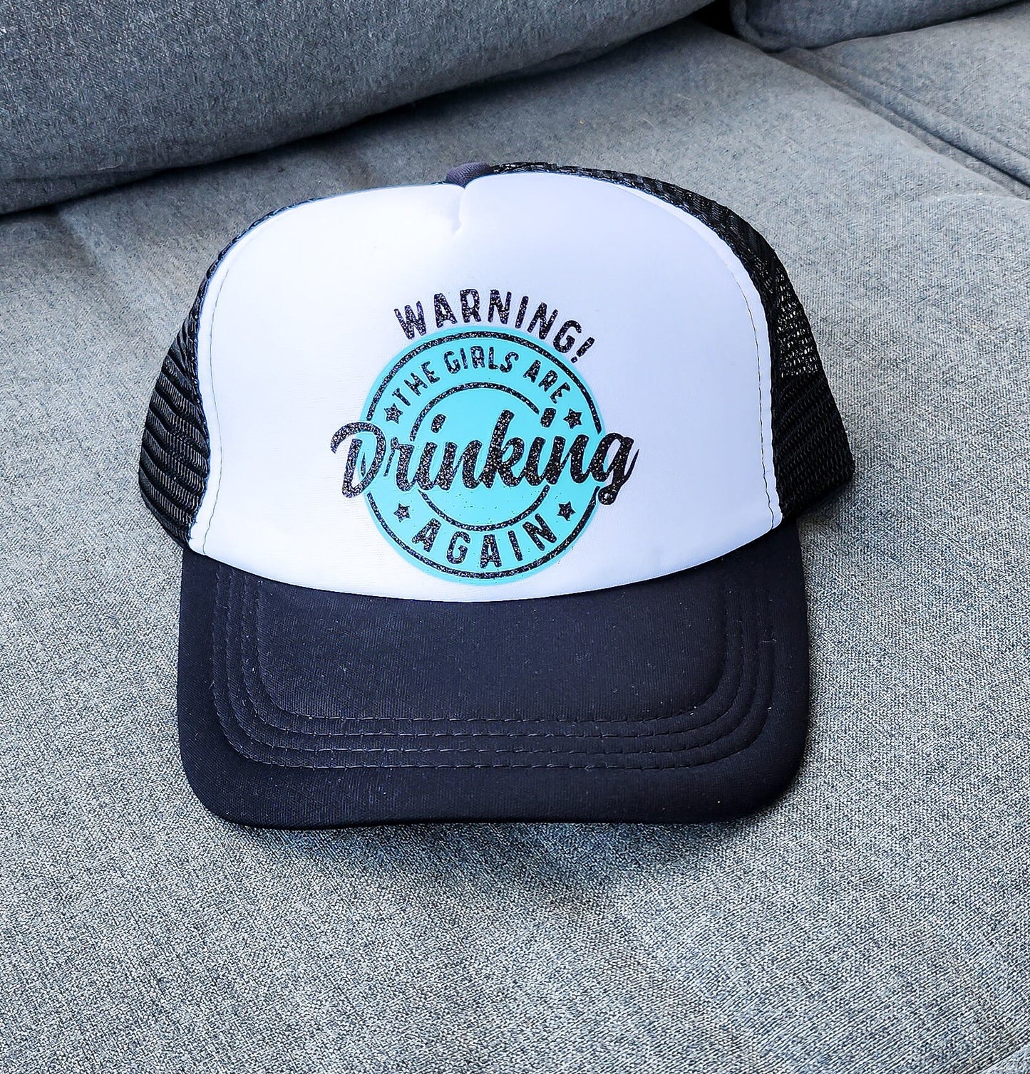 The Girls are Drinking Again, Foam Front Trucker Hat, Black Glitter Logo, Snap Back, Day Drinker, trucker hat for women trendy