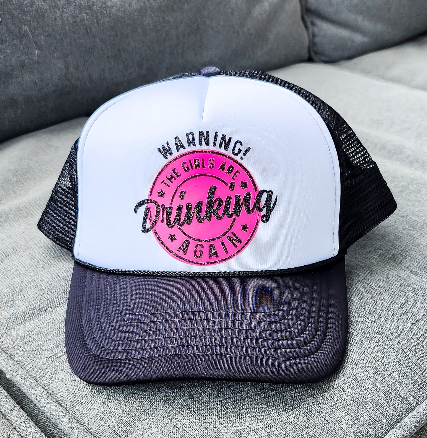 The Girls are Drinking Again, Foam Front Trucker Hat, Black Glitter Logo, Snap Back, Day Drinker, trucker hat for women trendy