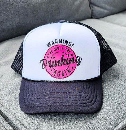 The Girls are Drinking Again, Foam Front Trucker Hat, Black Glitter Logo, Snap Back, Day Drinker, trucker hat for women trendy