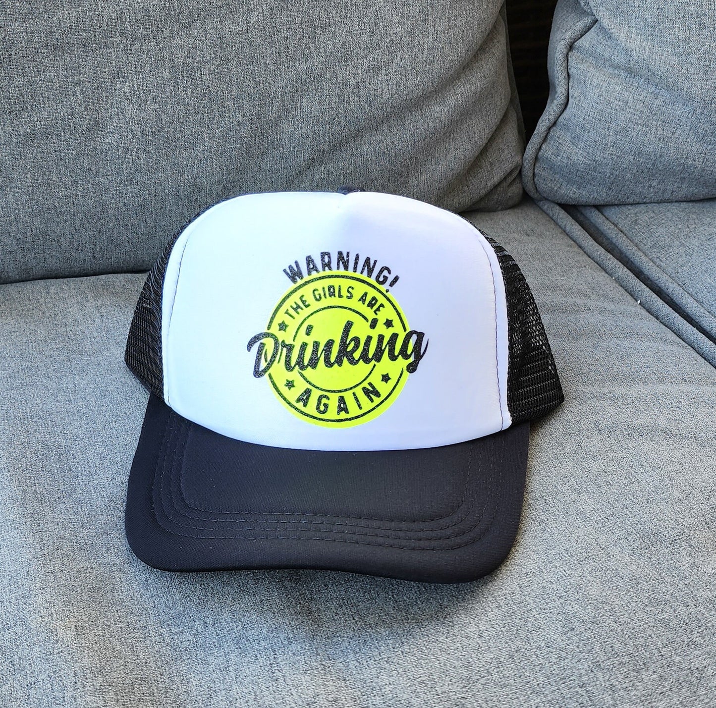 The Girls are Drinking Again, Foam Front Trucker Hat, Black Glitter Logo, Snap Back, Day Drinker, trucker hat for women trendy