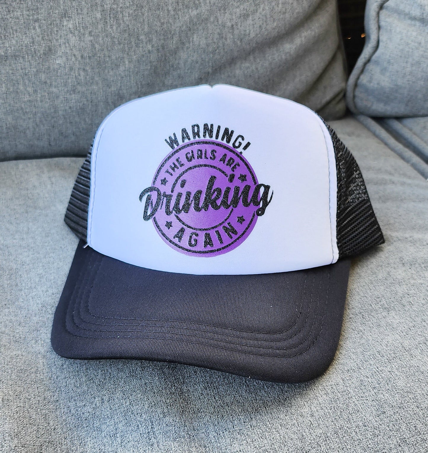 The Girls are Drinking Again, Foam Front Trucker Hat, Black Glitter Logo, Snap Back, Day Drinker, trucker hat for women trendy