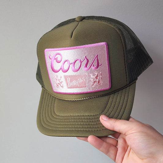 Vintage Foam Army Green Trucker Hat, Pink Banquet Beer Patch , Honky Tonk Hat, Nashville Hat for Women, Country Concert Hat, Day Drinking,