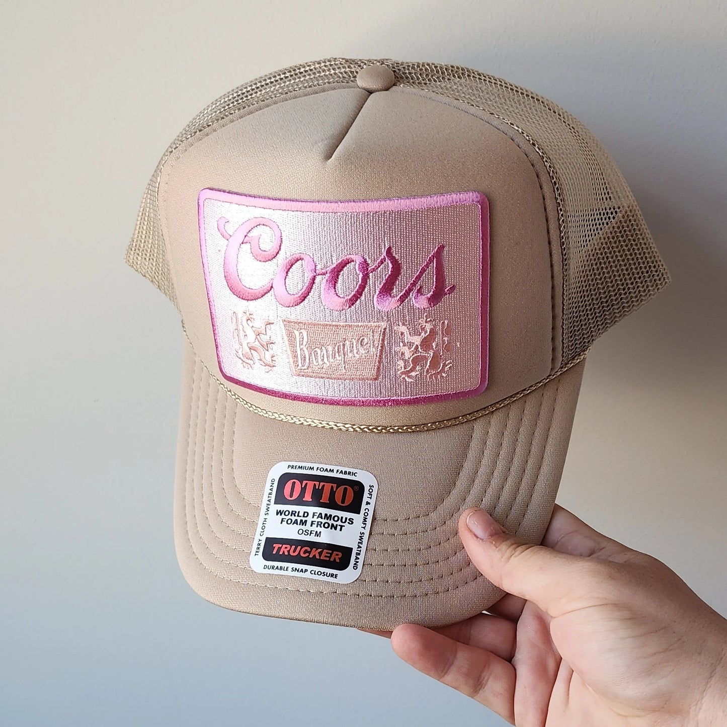 Vintage Foam Army Green Trucker Hat, Pink Banquet Beer Patch , Honky Tonk Hat, Nashville Hat for Women, Country Concert Hat, Day Drinking,