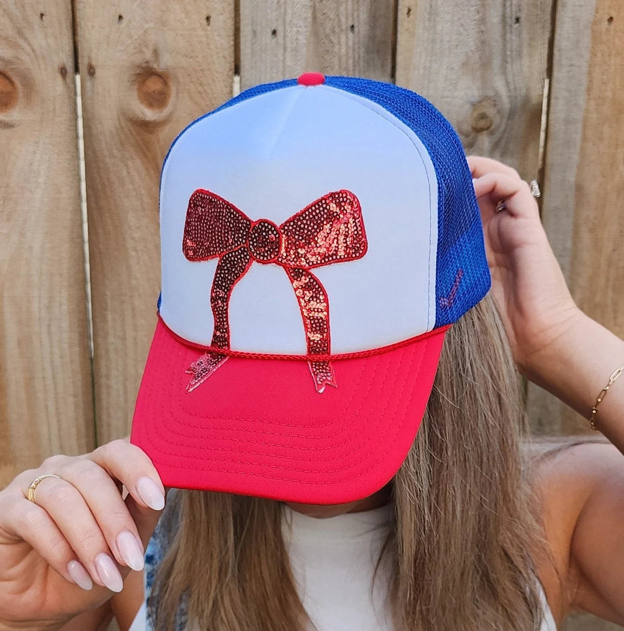 Patriotic Sequin Bow Trucker Hat, America Red White and Blue, Patriotic Trucker,  Fourth of July, Party Hat, 'Merica, Independence Day