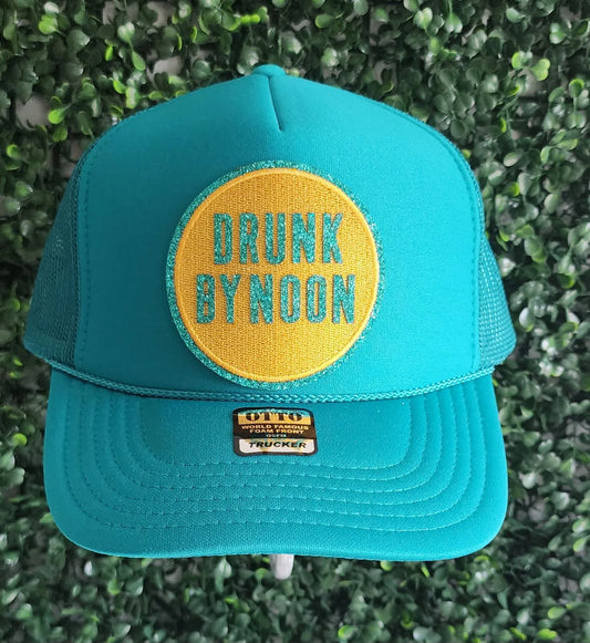 Drunk By Noon Seltzer Label Patch, Foam Front Trucker Hat, Teal And Yellow, Snap Back, Day Drinker, trucker hat for women trendy, Girls Trip