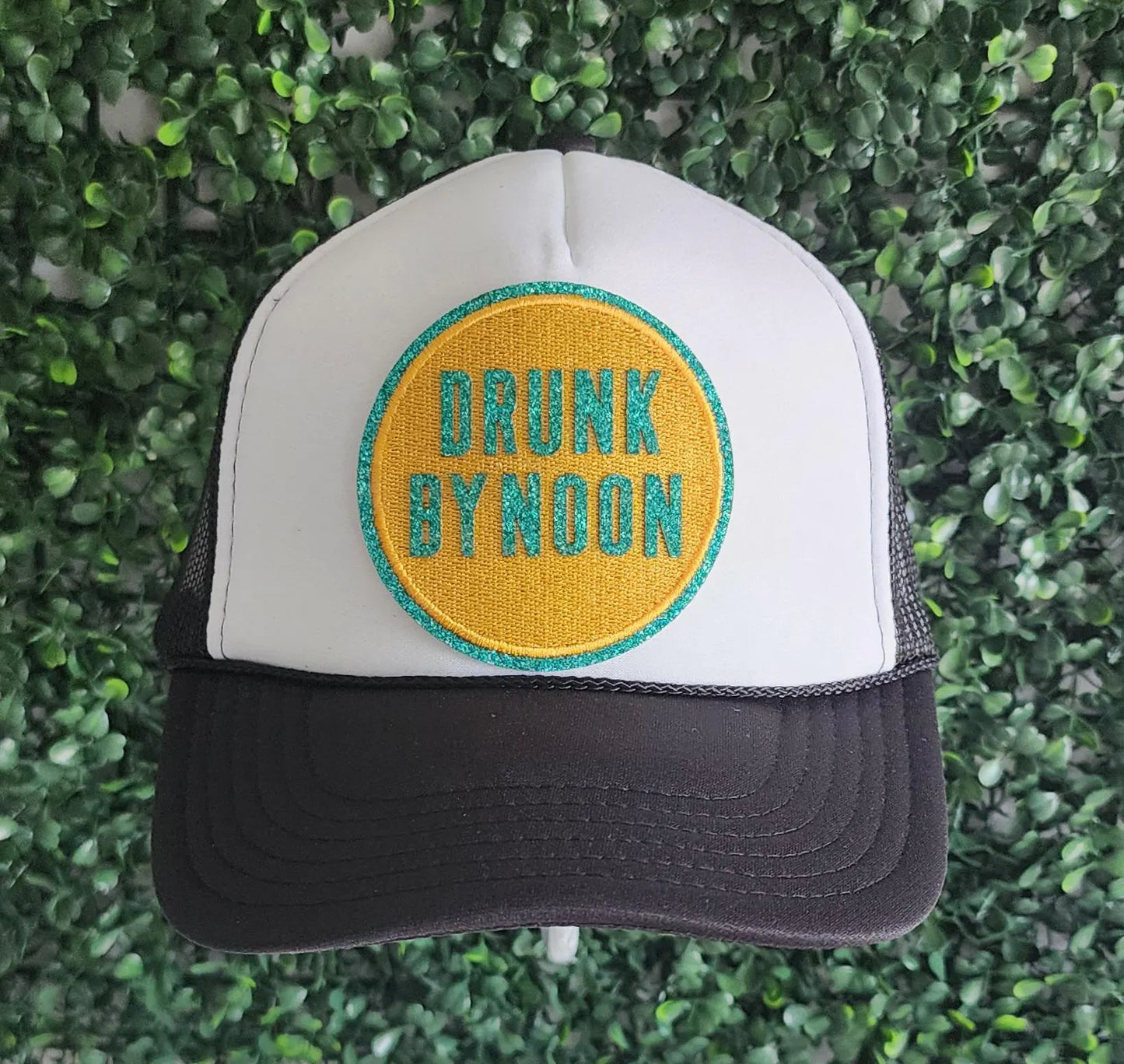 Drunk By Noon Seltzer Label Patch, Foam Front Trucker Hat, Teal And Yellow, Snap Back, Day Drinker, trucker hat for women trendy, Girls Trip