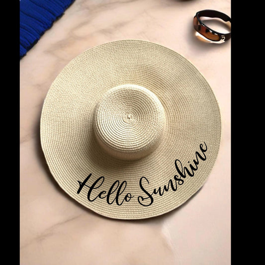 Hello Sunshine Straw Sun hat, Black Sparkle Lettering, Summer Beach Hat, Bachelorette Party Gift, Personalized Floppy Sunhat for Bride