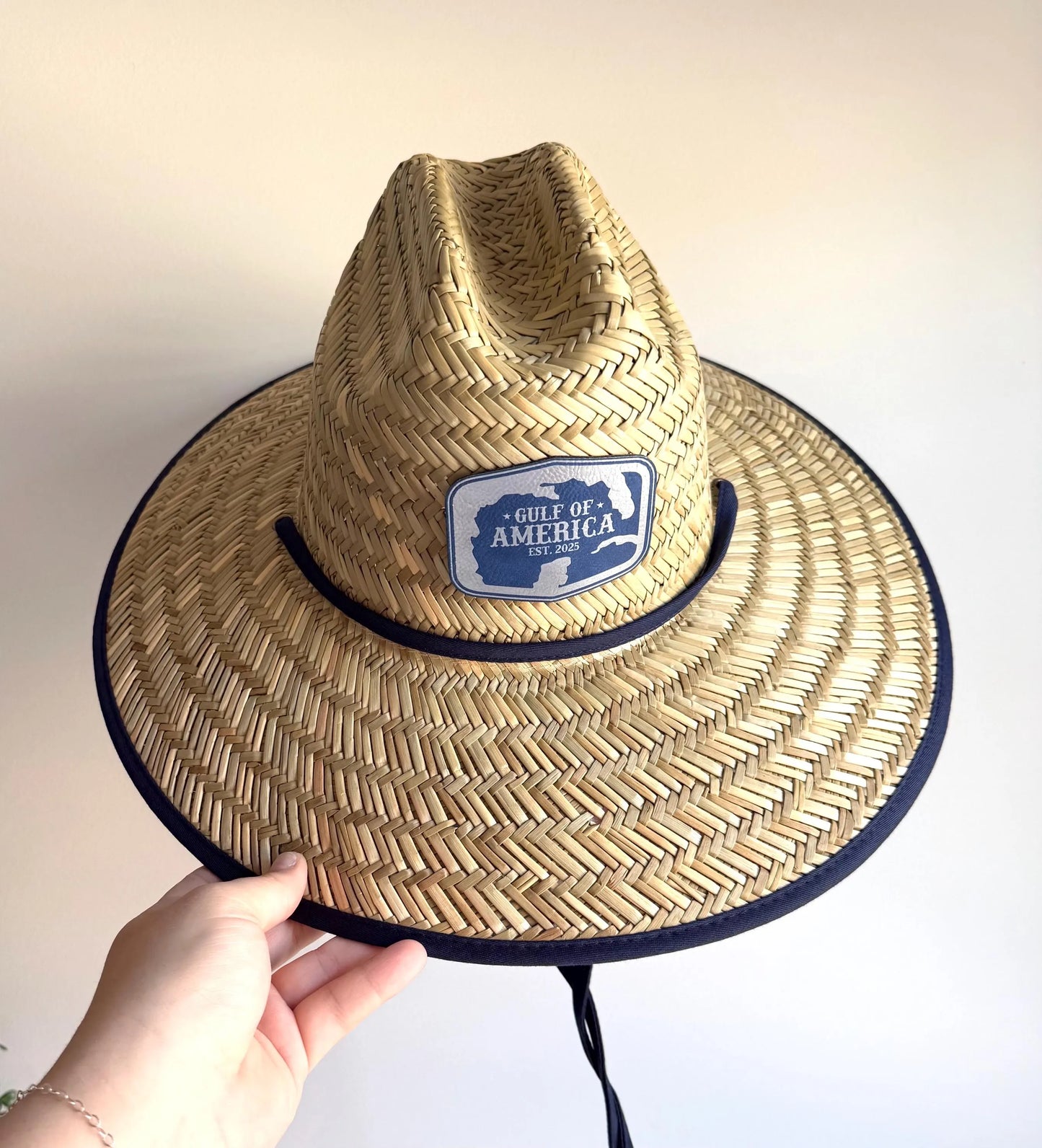 Gulf Of America, Blue/Silver Leather Patch Straw Lifeguard Hat, American Flag Fabric Lined, Boating Hat, Pool Hat, Beach Hat, Fishing Hat