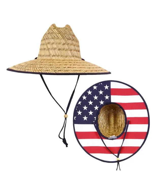 Gulf Of America, Blue/Silver Leather Patch Straw Lifeguard Hat, American Flag Fabric Lined, Boating Hat, Pool Hat, Beach Hat, Fishing Hat