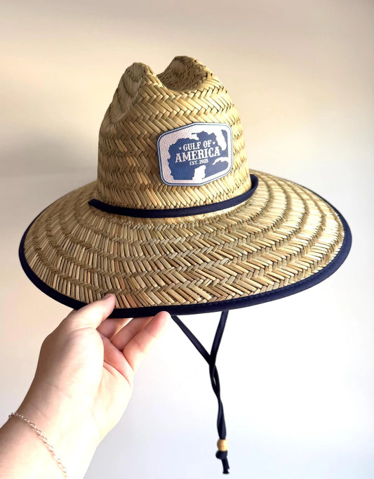 Gulf Of America, Blue/Silver Leather Patch Straw Lifeguard Hat, American Flag Fabric Lined, Boating Hat, Pool Hat, Beach Hat, Fishing Hat