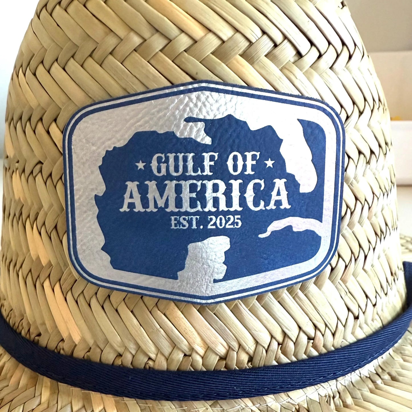 Gulf Of America, Blue/Silver Leather Patch Straw Lifeguard Hat, American Flag Fabric Lined, Boating Hat, Pool Hat, Beach Hat, Fishing Hat