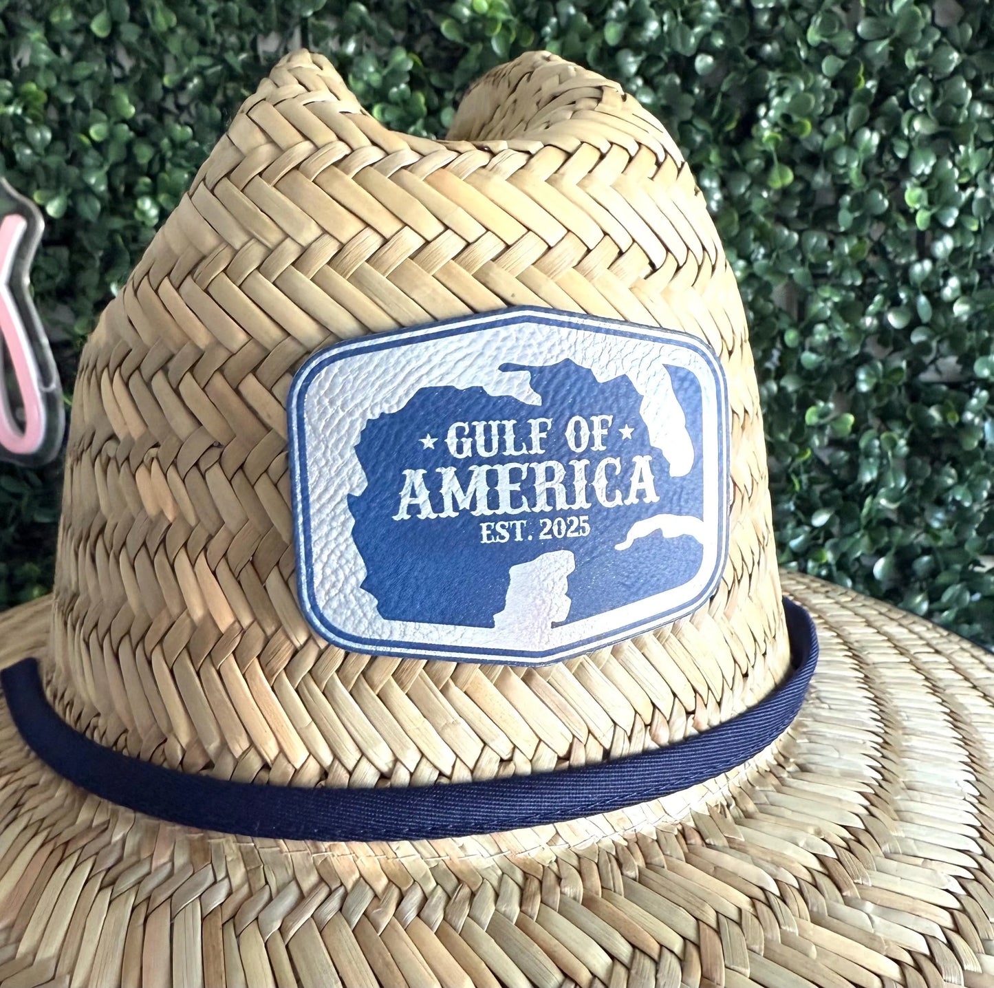 Gulf Of America, Blue/Silver Leather Patch Straw Lifeguard Hat, American Flag Fabric Lined, Boating Hat, Pool Hat, Beach Hat, Fishing Hat