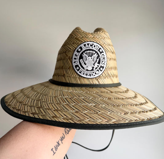 Patriotic Patch, Beer Bacon Guns and Freedom. Straw Lifeguard Hat, Army Green Fabric Lined, Boating Hat, Pool Hat, Beach Hat, Fishing Hat