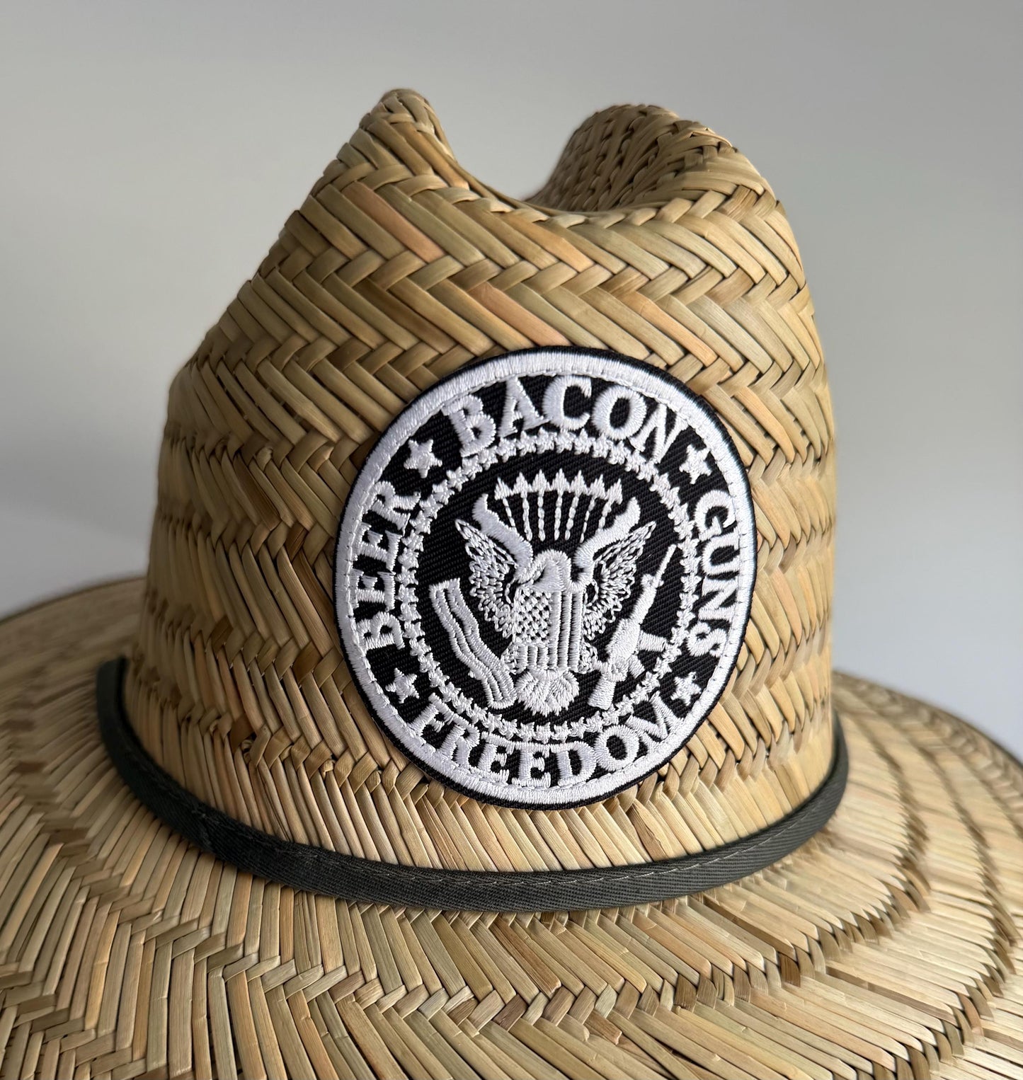 Patriotic Patch, Beer Bacon Guns and Freedom. Straw Lifeguard Hat, Army Green Fabric Lined, Boating Hat, Pool Hat, Beach Hat, Fishing Hat