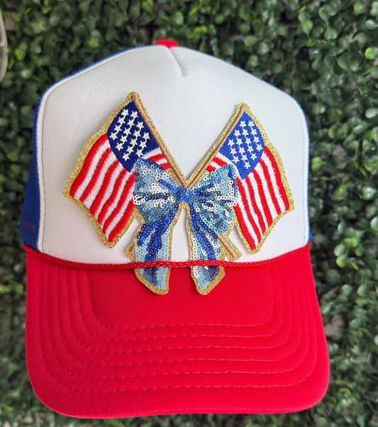Patriotic Sequin American Flag Coquette Bow Trucker Hat – Red White Blue Mesh Cap for 4th of July, Memorial Day, USA Party, Hats for Women