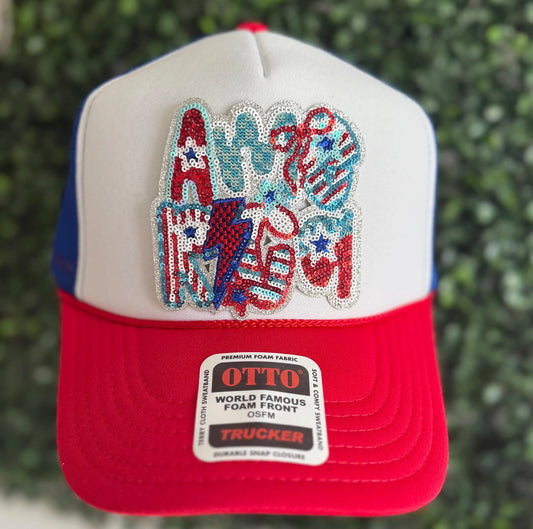 Patriotic Sequin America Trucker Hat – Red White Blue Mesh Cap for 4th of July, Memorial Day, USA Party, Hats for Women, Merica, Boat Hat