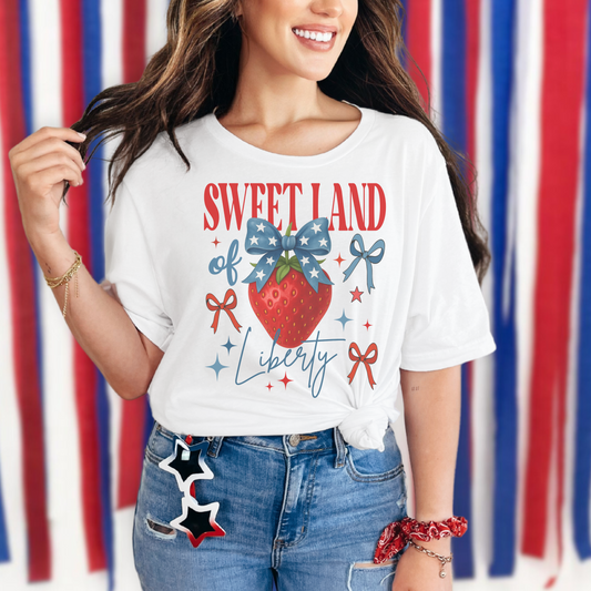 Sweet Land of Liberty Shirt | Patriotic Strawberry T-Shirt | 4th of July Shirt for Women | USA Graphic Tee | Red White and Blue Summer Shirt