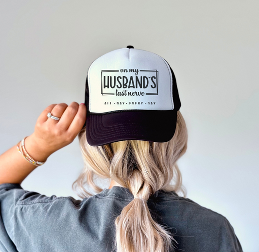 On My Husbands Last Nerve, Foam Front Trucker Hat, Black Glitter Logo, Snap Back, Trucker Hat Sarcastic, Karma, Funny Wife Hat, Bride Hat,