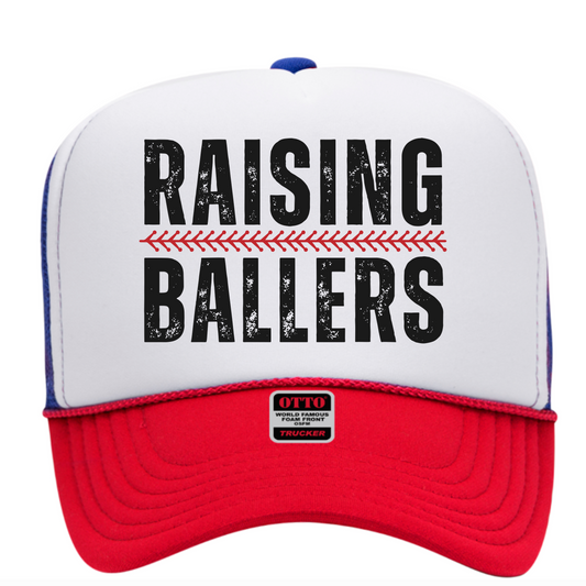 Raising Ballers Trucker Hat – Baseball Mom Hat, Red White Blue Mesh Cap, Softball Mom Gift, Sports Mom Style, Patriotic Trucker Hat